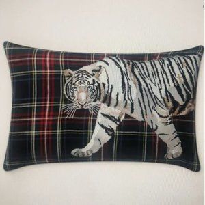 Tiger embroidered tartan pillow cover William Sonoma home